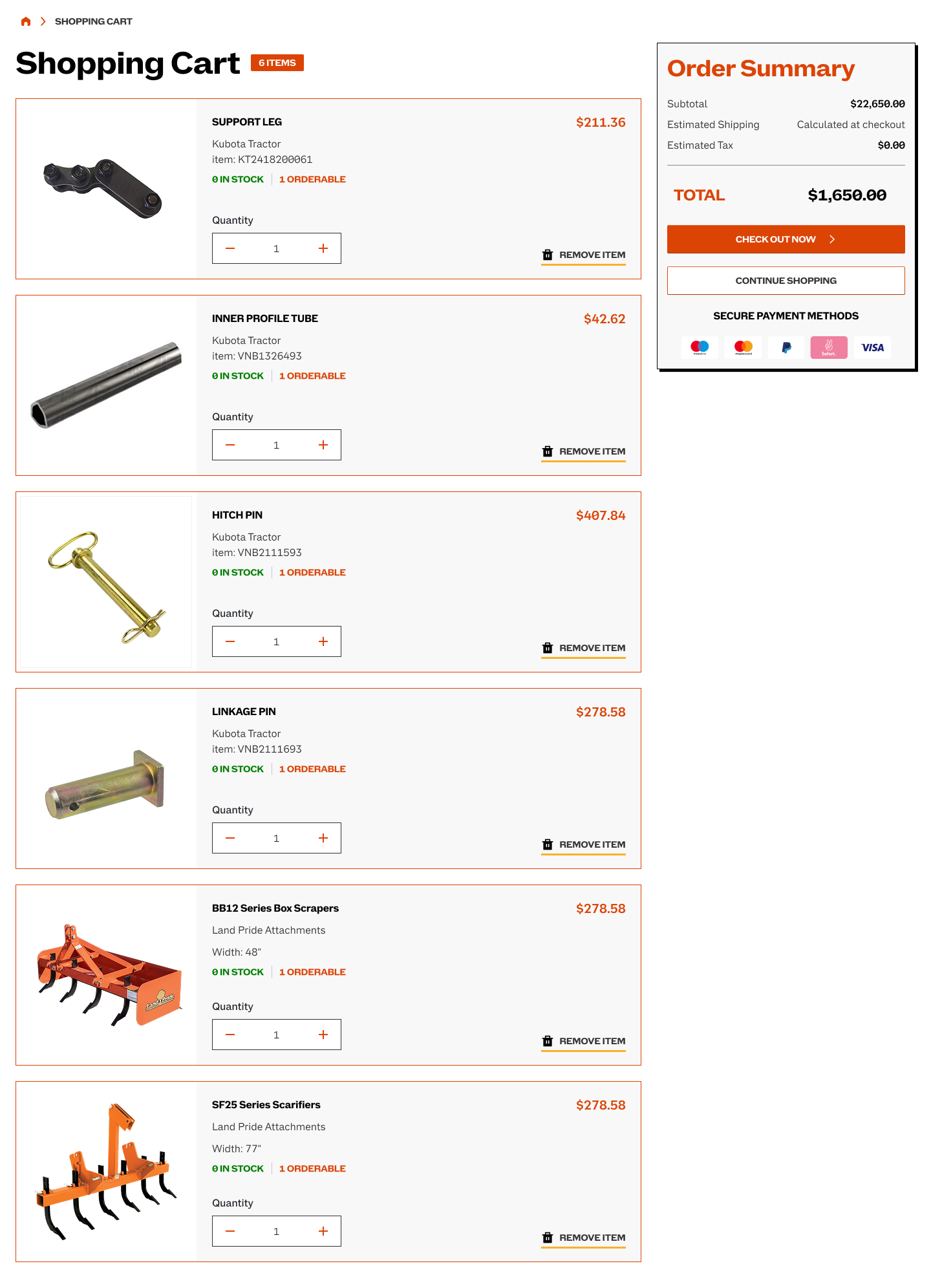 Figma design of the shopping cart with stock status, quantity steppers and order summary